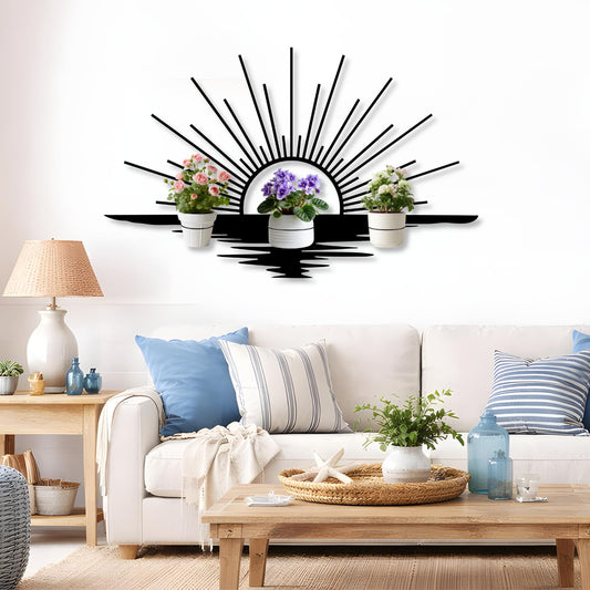 Glethua Sunrise Metal Wall Mount Plant Holder, Sun Wall Plant Holder, Sunshine Metal Hanging Planter for Living Room, Kitchen, Bathroom (Black, 59"x 35"| 150x89cm, 4 Pack 4" Flower Pot Holder Ring)