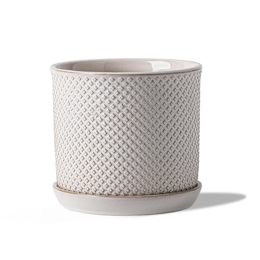Chubacoo 5.8 Inch Plant Pot: Ceramic Planter with Drainage Hole & Saucer for Indoor Outdoor Plants - Flowerpot with Bonded Tray for Home Office - Beaded Embossed Style, Cream White
