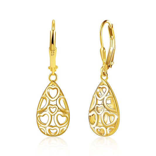 14K Gold Teardrop Dangle Earrings for Women Sterling Silver Tear drop Leverback Earrings Hypoallergenic Sterling Silver Filigree Earing