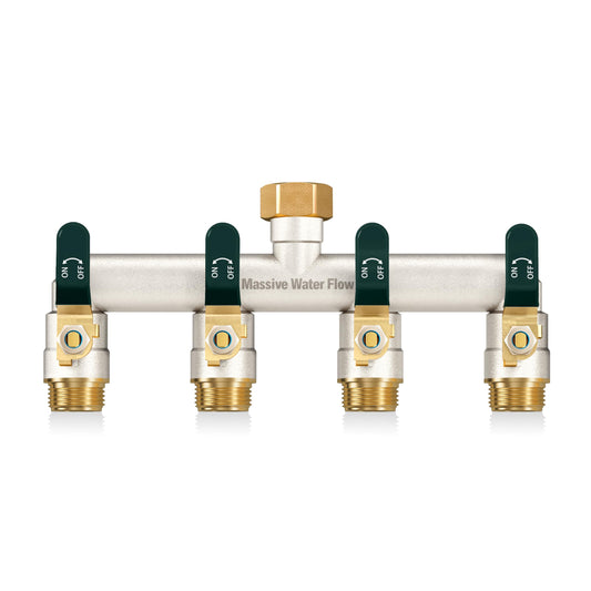 4 Way Hose Splitter, Heavy Duty Full Flow Garden Hose Splitter with 4 Large Metal Handles, Brass Water Hose Bib Splitter, T Adapter Connector with 3/4 - Inch GHT Thread (Green)