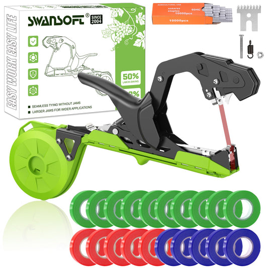 SWANSOFT Plant Tying Machine, Lightweight Plant Vine Tying Tape Machine Tool, Planting Tape Gun for Tomatoes, Grapes and Vegetable Garden, Come with 20000pcs Staples 20 Rolls (Green-New)