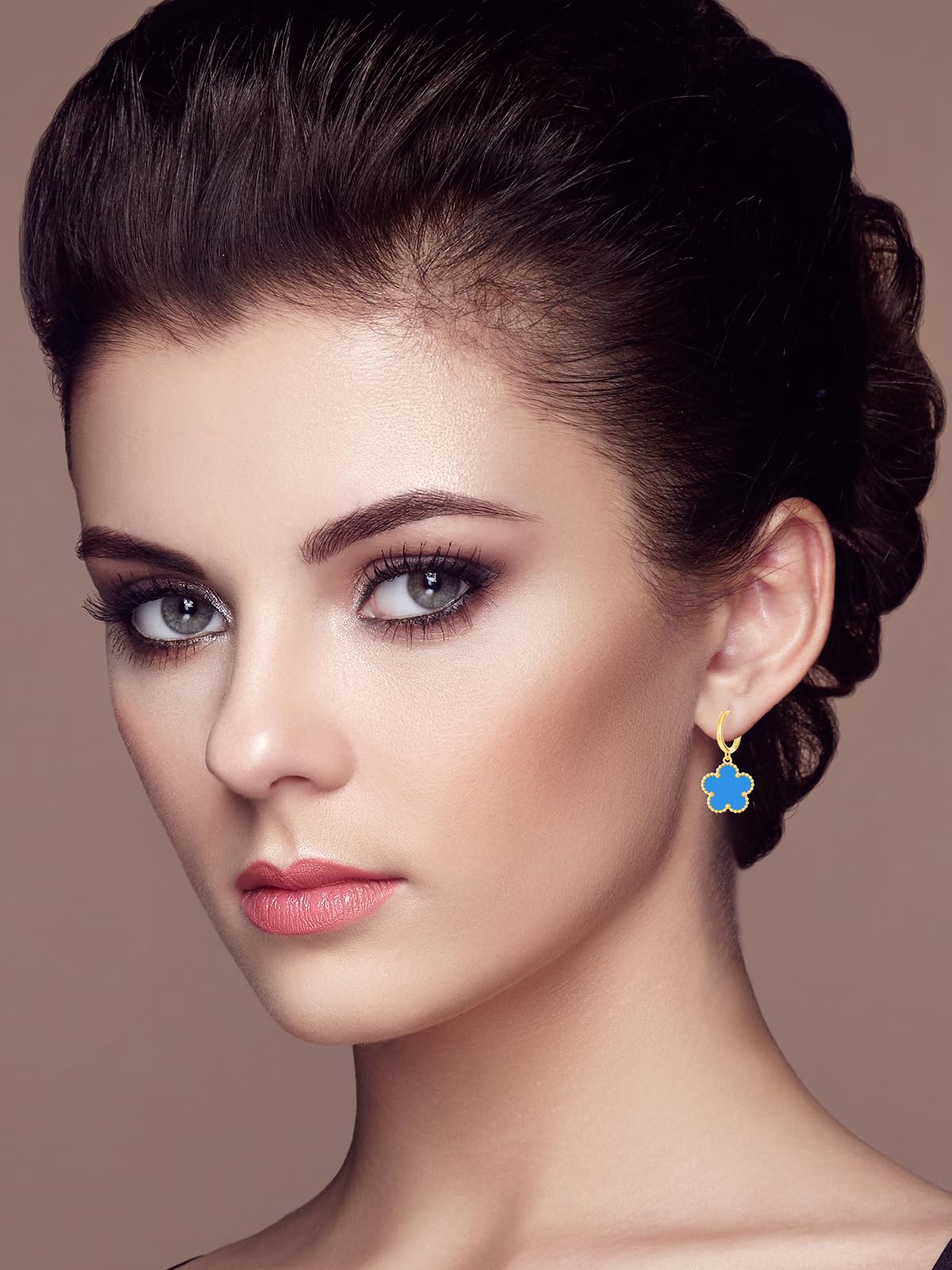 Gold Plated Five Leaf Clover Dangle Earrings for Women Lucky Flower Jewelry (Blue-14K Gold Plated)