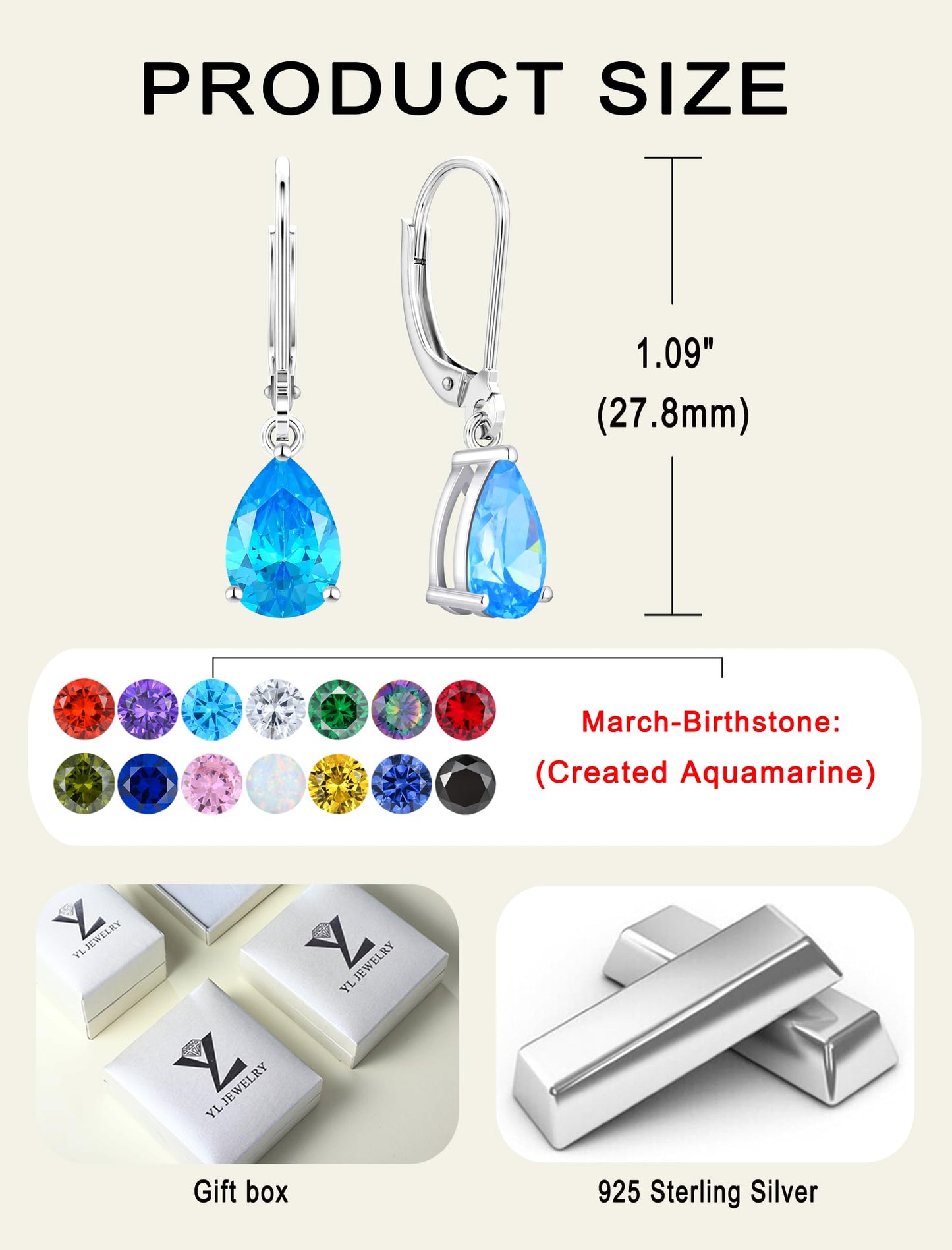 YL 925 Sterling Silver Teardrop Dangle Drop Earrings for Women 7x10 MM Solitaire Created Aquamarine Leverback Jewelry
