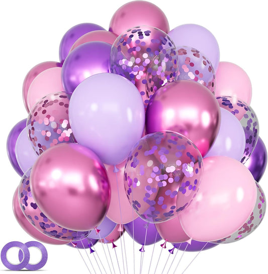 Skiennix 68Pcs Pink & Purple Balloons - 12 Inch Metallic Latex & Confetti Balloons for Parties