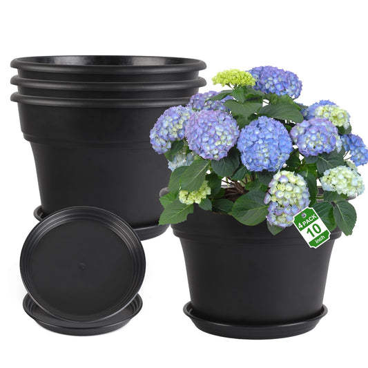 Myfeegoin 10-inch-Plant-Pots-Indoor-Outdoor, 4 Pack Plastic Planters with Drainage Holes & Saucers, Resin Flower Pots with Trays, Classic Garden Pot Container for House