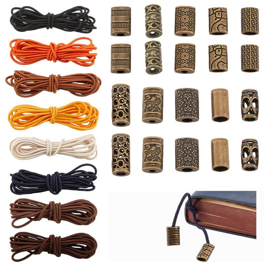 BENECREAT 17.5 Yards Elastic Bands for Notebook, Polyester Elastic Stretch Cord, Traveler's Notebook Elastic Band DIY Kit with 20 Alloy Risers for DIY Bookmark Making
