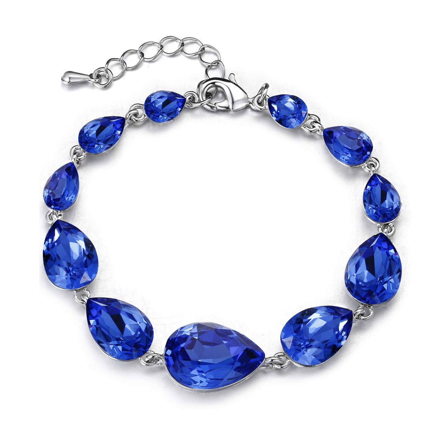 BriLove Wedding Bridal Bracelet for Women Shiny Bling Crystal Multi Teardrop for Party Prom Royal Blue Sapphire Color Silver-Tone