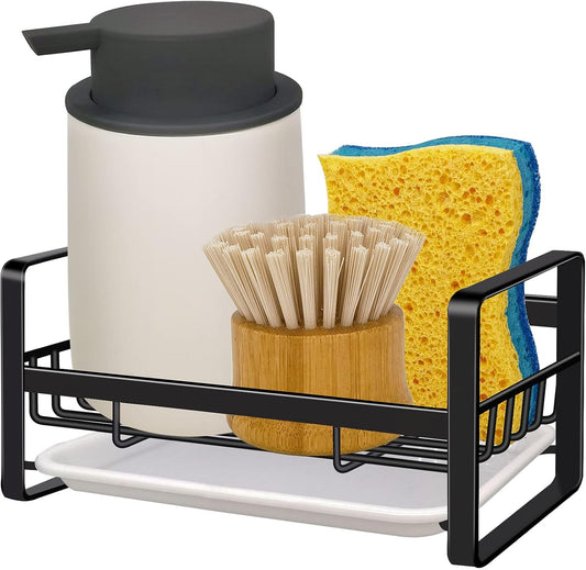 VANTEN Kitchen Sink Caddy - Matte Black Stainless Steel Sponge Holder & Soap Dish Organizer | Wall Mount or Countertop