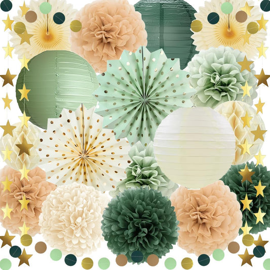 Boho Paper Decorations Set, Sage Green Party Decorations Set, Boho Neutral Baby Shower Decor, Paper Pom Poms Lanterns Honeycomb Balls Hanging Star Garland for Birthday Baby Shower Wedding Tea Party