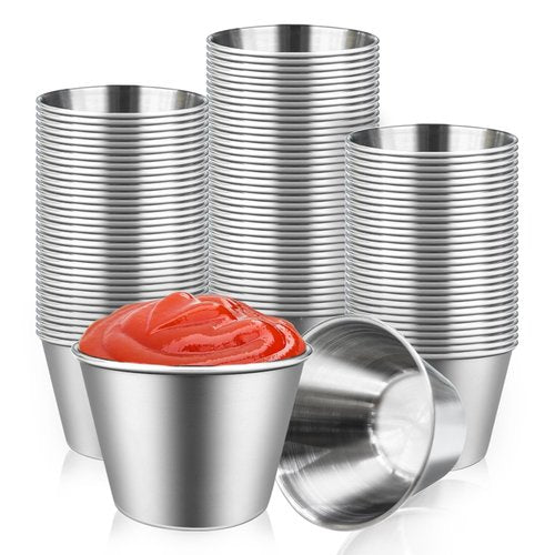 Ayearparty 100 Pcs 2.5oz Metal Ramekins Stainless Steel Reusable Sauce Dipping Bowls Bulk Small Sauce Container Round Condiment Cups for Dish Butter Ketchup Kitchen Restaurant Serving BBQ Party Dinner