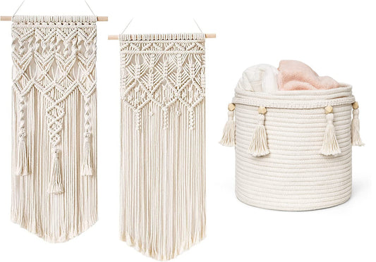 Mkono Macrame Woven Wall Hanging and Boho Storage Basket Home Decor