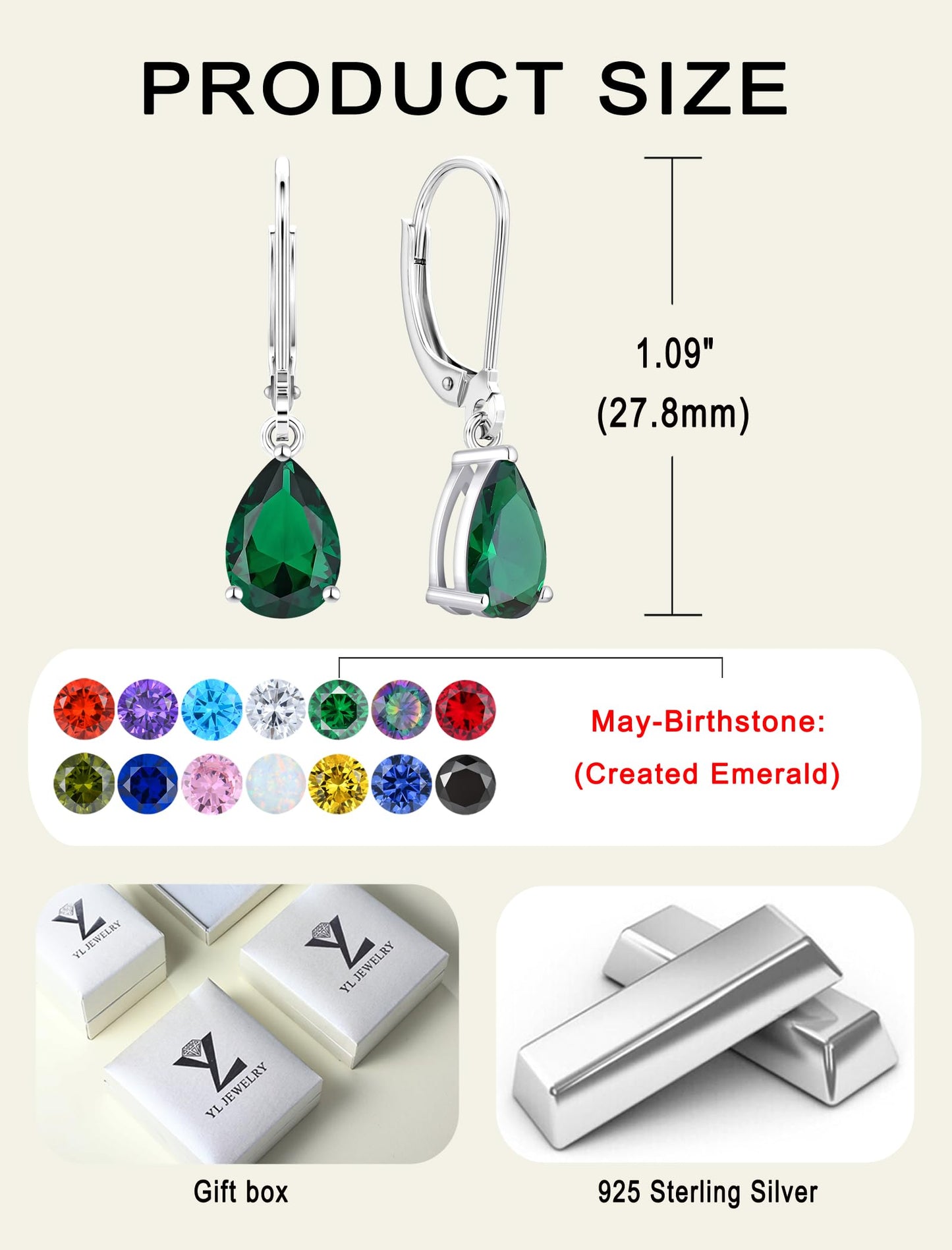 YL 925 Sterling Silver Teardrop Dangle Drop Earrings for Women 7x10 MM Solitaire Created Emerald Leverback Jewelry