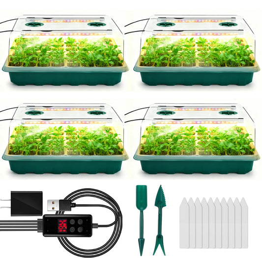 Ryscam Seed Starter Tray with Grow Light, 192-Cell Seed Starter Kit, Seedling Starter Trays with Humidity Domes, Automatic Timer, Adjustable Light Indoor Gardening Plant Germination Trays