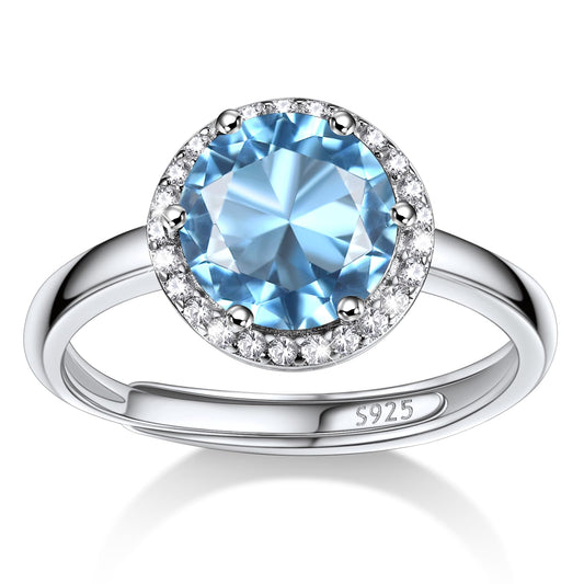 Bestyle 925 Sterling Silver Love Round Cubic Zirconia Rings March Aquamarine Crystal Gemstone Rings for Women, Hypoallergenic Adjustable Rings for Every Finger