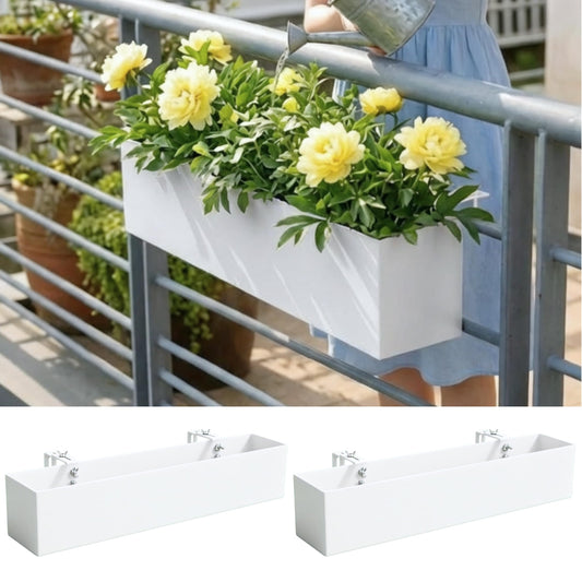 LaLaGreen Planter Boxes Outdoor (24 Inch, 2 Pack) White Metal Rectangular Railing Flower Box with Brackets, Deck Railings Planters Fence Balcony Patio Porch Plant Holder Modern Garden Decor Over Rail