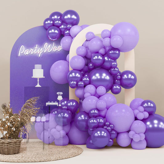PartyWoo Purple Balloons - 140-Piece Lilac & Metallic Set for Stunning Birthday Decor | 18", 12", 10", 5" Sizes