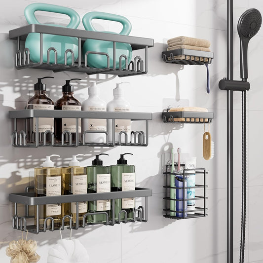 Veken Shower Caddy - Rustproof & Waterproof 6-Pack | No Drilling Adhesive Shelves, Large Capacity, Dark Grey