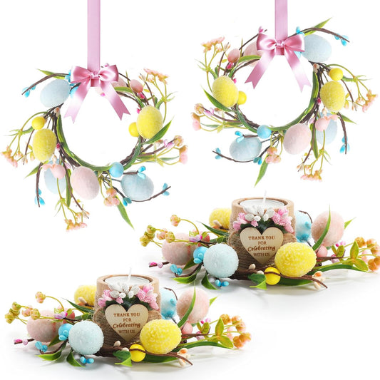 XunYee Easter Egg Candle Rings - 4 Pcs Mini Pastel Berry Floral Candleholders for Spring Decor | Farmhouse Centerpiece