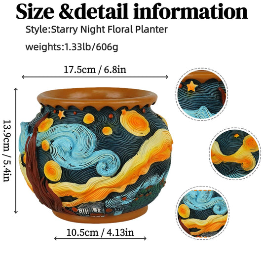Starry Night Floral Planter, Unique and Interesting Abstract Art Flower pots, Vibrant Colors, Perfect for Home/Garden Artistic Decoration (Starry Sky)