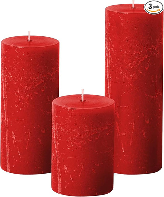 Simply Soson 3x4, 3x6, 3x8 inch Red Pillar Candles, Set of 3 Pillar Candles, Rustic Texture, Unscented Red Candles, Dripless Candles, Ideal as Wedding, Parties, Spa, Dinner, Home Decor, Church