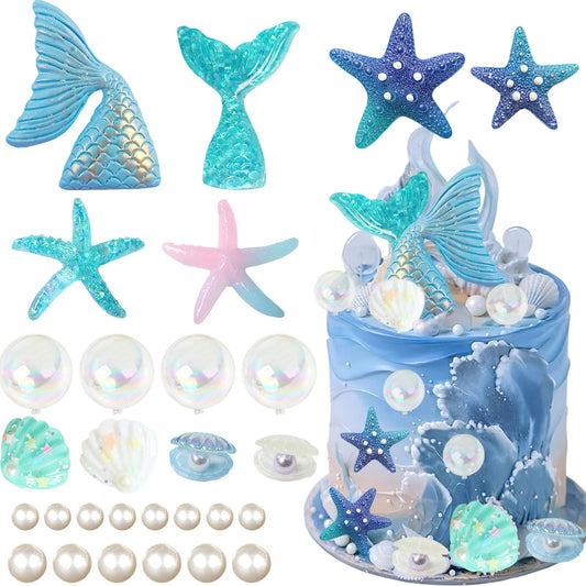 28pcs Sea Ocean Theme Birthday Cake Decoration Toppers Fishtail Starfish Shell Bubble Pearl Cupcake Decor for Under the Sea Theme Birthday Party Supplies