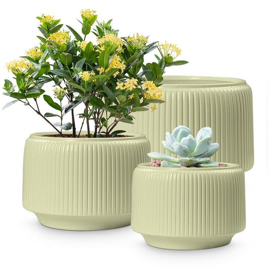 OXART Ceramic Plant Pots, Set of 3, 10/7.5/5.8Inch Planters for Indoor Plants, Modern Pots for Plants, Stylish Round Flower Pot with Drainage Holes, Outdoor Planter Pot, Green