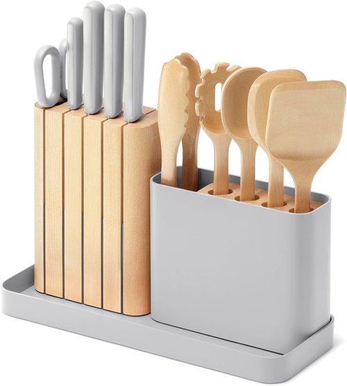 Caraway 14-Piece Kitchen Prep Set | Premium German Steel Knives & Wooden Utensils - Non-Toxic, Grey