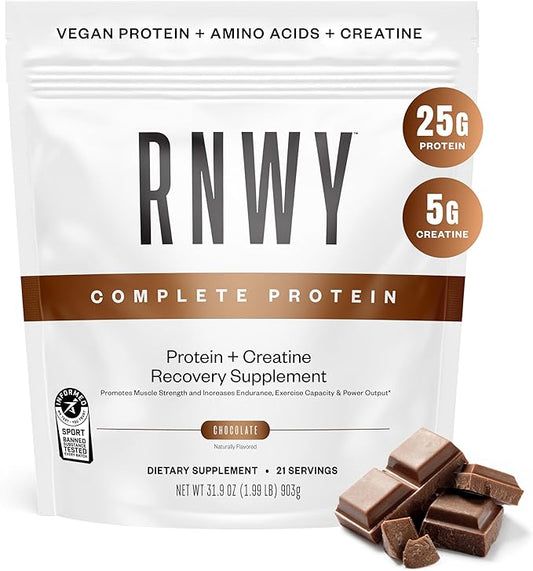RNWY 25g Chocolate Protein + 5g Creatine Powder, Vegan Plant-Based Protein with Digestive Enzymes to Build & Recover, 21 Servings