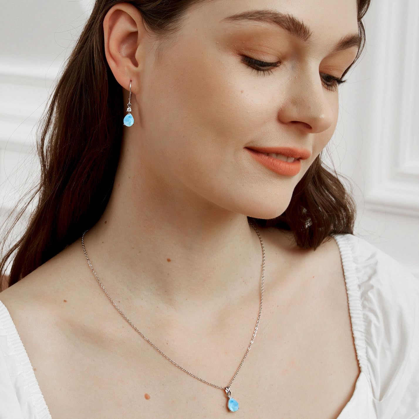 925 Sterling Silver 7 * 9mm Teardrop Larimar Leverback Earrings for Women,Pear Shaped Blue Gemstone Dangle Earrings Hypoalleregenic Jewelry