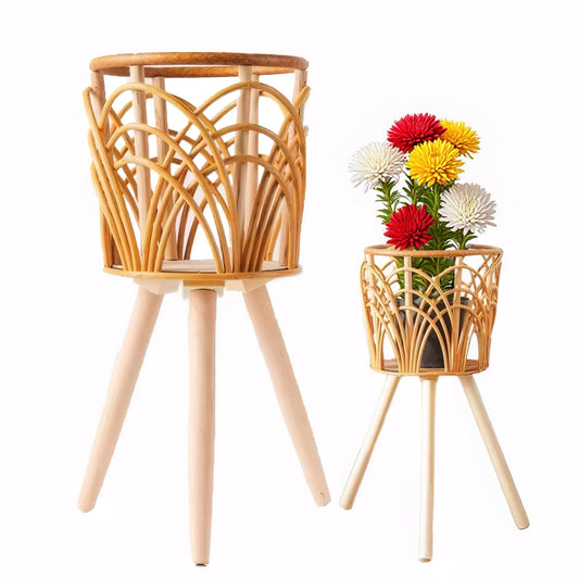 Boho Rattan Plant Stand Indoor Outdoor - Set of 2 (Small & Medium) Wicker Planter Shelf for Multiple Plants, Mid-Century Modern Wooden Flower Pot Holder with Stand, Farmhouse Home Decor for Living Room, Balcony, Patio