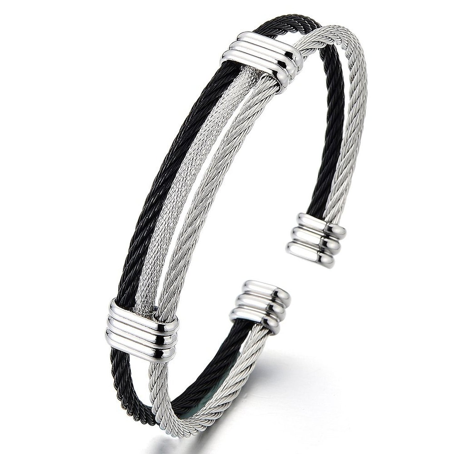 COOLSTEELANDBEYOND Mens Womens Stainless Steel Twisted Cable Adjustable Cuff Bangle Bracelet Silver Black Two Tone