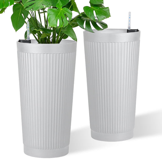 TUYOHW 2-Pack 24in Round Plastic Planters with Self-Watering System and Vertical Ribbed Design – Perfect for Home, Patio, Garden Plants