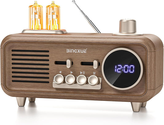 Bingxue Speaker,12/24H Retro Radios FM Portable Bluetooth Small Plug in Vintage Clock Radio with USB/AUX/TF Card