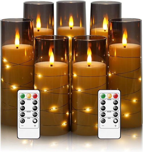 Eebuss Flameless Candles - Battery Operated LED Pillar Candles with Timer & Remote Control | Set of 7 Grey