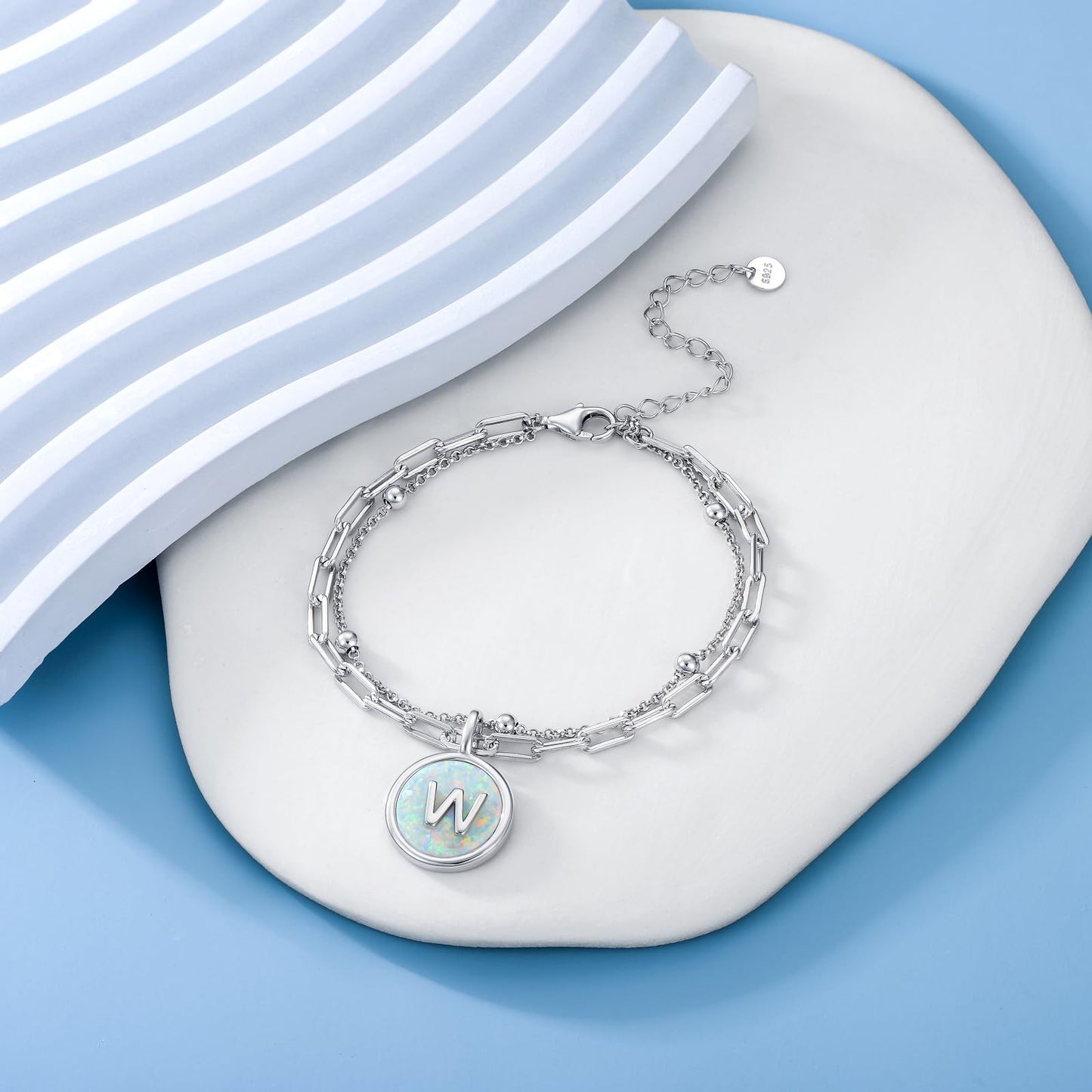 LWQQWL Initial W Bracelet for Women 925 Sterling Silver Layered Initial Bracelet Opal Letter 26 Alphabet Jewelry Christmas Gifts