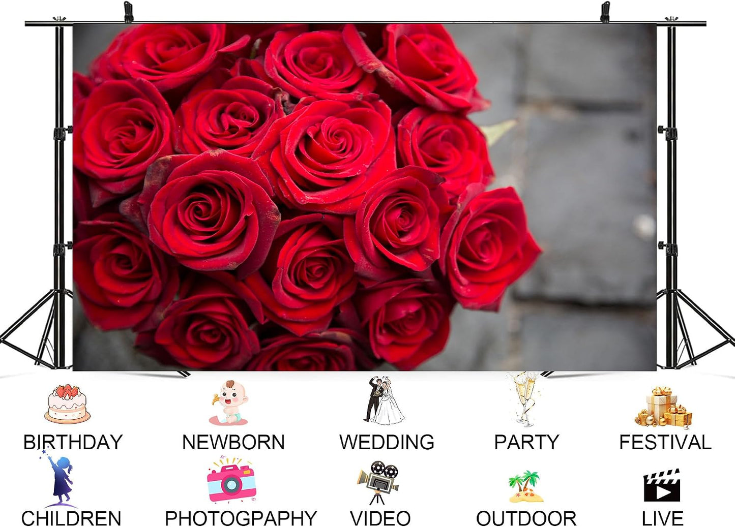UPXIO 8x8ft Red Rose Bouquet Close Up Backdrop Romantic Floral Arrangement Photo Background Tapestry for Valentine's