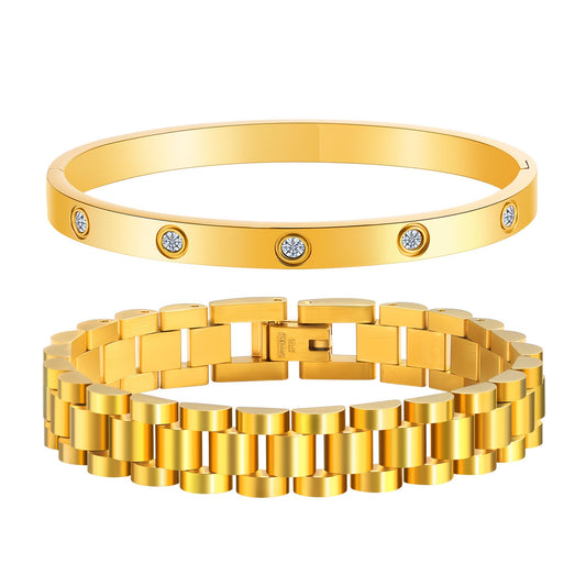 2PCS Gold Chain Link Watch Bracelet Set,18K Gold Plated Stackable Bracelets for Women,Stainless Steel Jewelry with Adjustable Tool, Non-Tarnish Friendship Love Bracelet Gift for Her. (2pcs-A Gold)