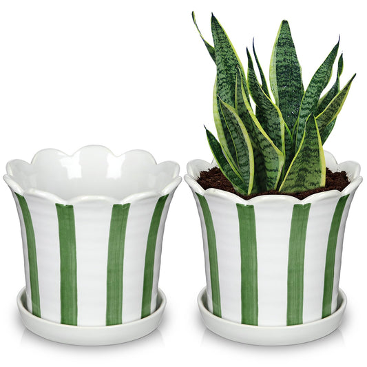 Nature Crafted Set of 2 Flower Planter, 5.8 inch Ceramic Plant Pots with Drainage Hole and Sauser, Stripe Ceramic Planters with Wavy Opening for Indoor Outdoor Home Gardening Desktop Windowsill