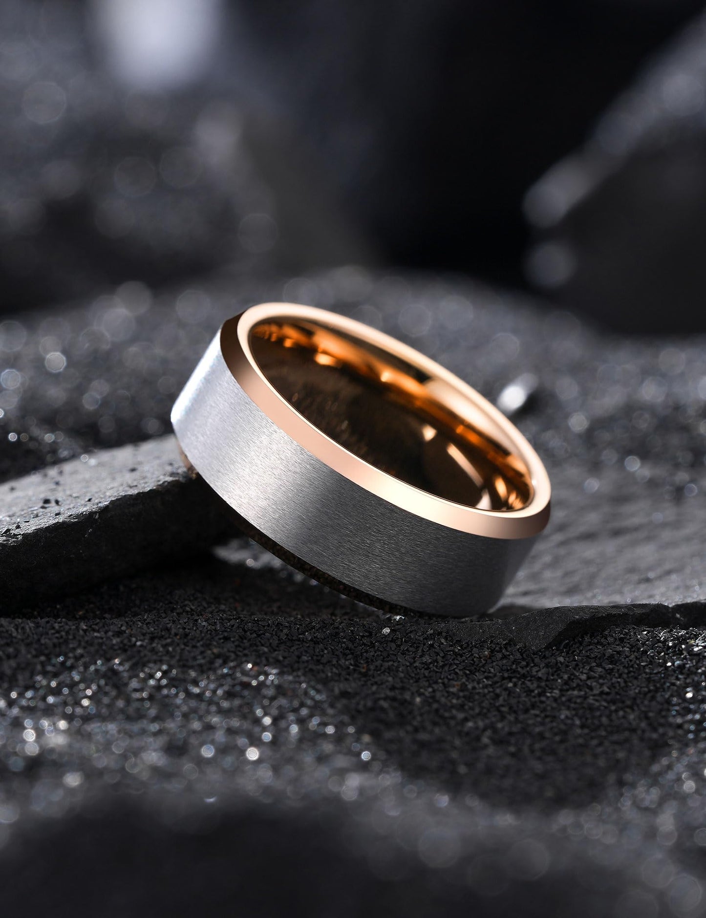 King Will 8mm Classic Tungsten Rings for Men Two-Tone Mens Wedding Bands Simple Engagement Promise Ring Matte Brushed Beveled Edges Comfit Fit Durable, Silver & Rose Gold Plated Size 8