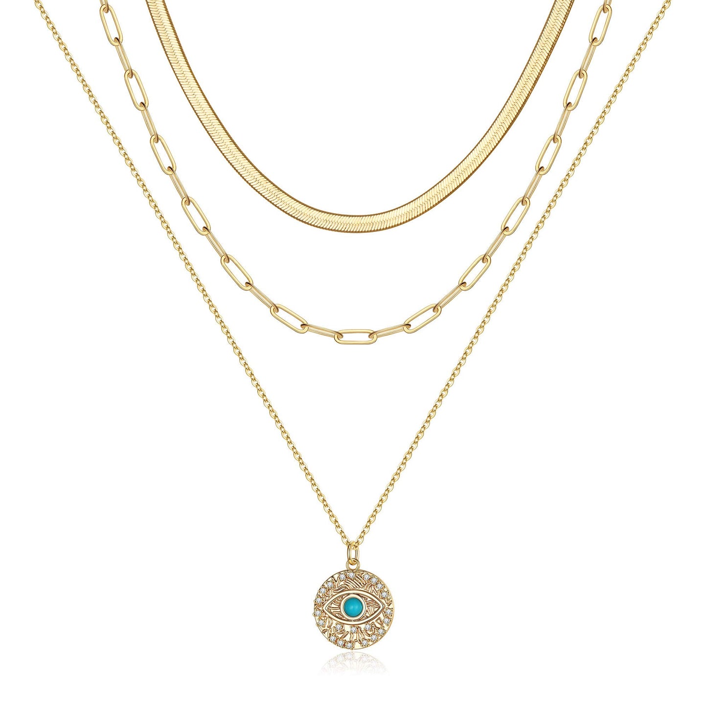 Turandoss Layered Evil Eye Necklace for Women, Layered Snake Evil Eye Necklace Layering Evil Eye Link Chain Necklaces for Women