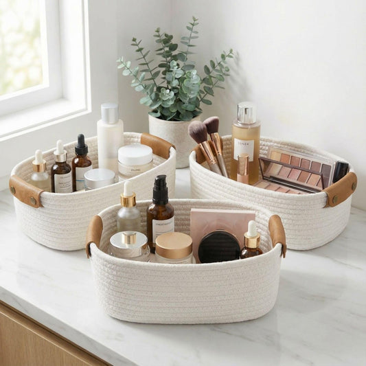 Beautiful Storage Basket Set of 3 - Sturdy Jute Rope Baskets for Shelves Are Perfect for Organizing Your Home - Quality Storage Bins Easily Fit With Any Nursery or Bedroom Decor