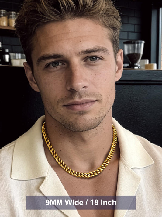 Bandmax 14K Gold Plated Necklaces for Men Gold Plated Cuban Choker Chain 9MM Miami Link Chain Necklace 20Inch Cadena de Acero Inoxidable para Hombre