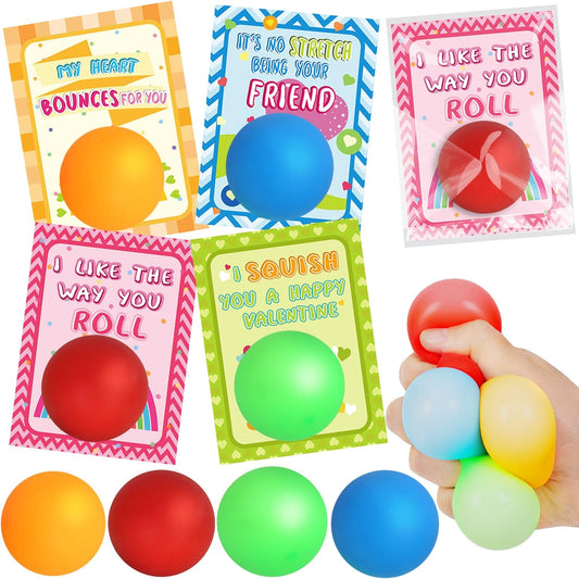 WEMEMORN Valentines Day Gifts for Kids, 32 Pack Valentine Cards for Kids Classroom with Stress Ball Stretchy Sensory Squeeze Toys, Valentine's Prizes Party Favor School Class Classroom Gifts Exchange