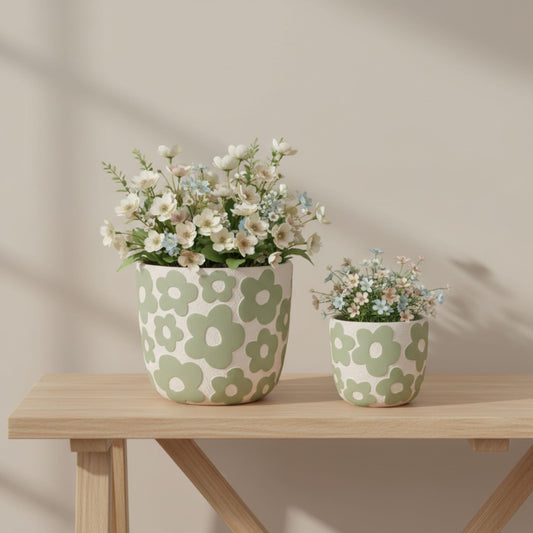 Sagebrook Home Set of 2 Cement Decorative Planter Pot Without Stand Pottery Outdoor & Indoor Plant Pot with Flower Pattern Minimalist Modern Garden & Home Decor Cement Planters 6" & 8", Light Green