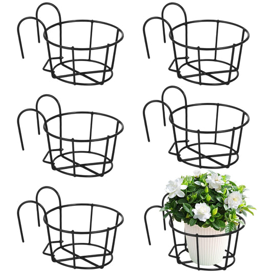 6 PCS Round Hanging Railing Planters, Hanging Flower Stand Iron Baskets, Hanging Planters for Outdoor Plants, Metal Rack Fence Shelf Plant Holder with Hooks for Balconies, Gardens, Indoor Spaces