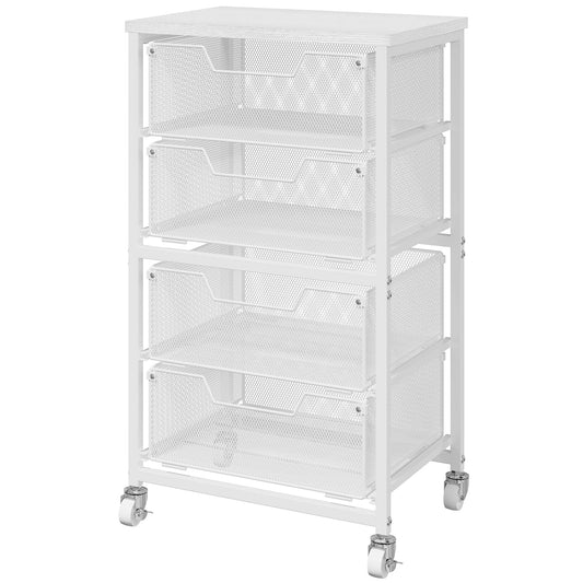 4-Drawer Rolling Storage Cart, Utility Cart with Drawers, White Metal Craft Cart Organizer with Wheels & Wooden Top, Art Supply Storage Organizer for Classroom, Office, Kitchen,Patent Pending