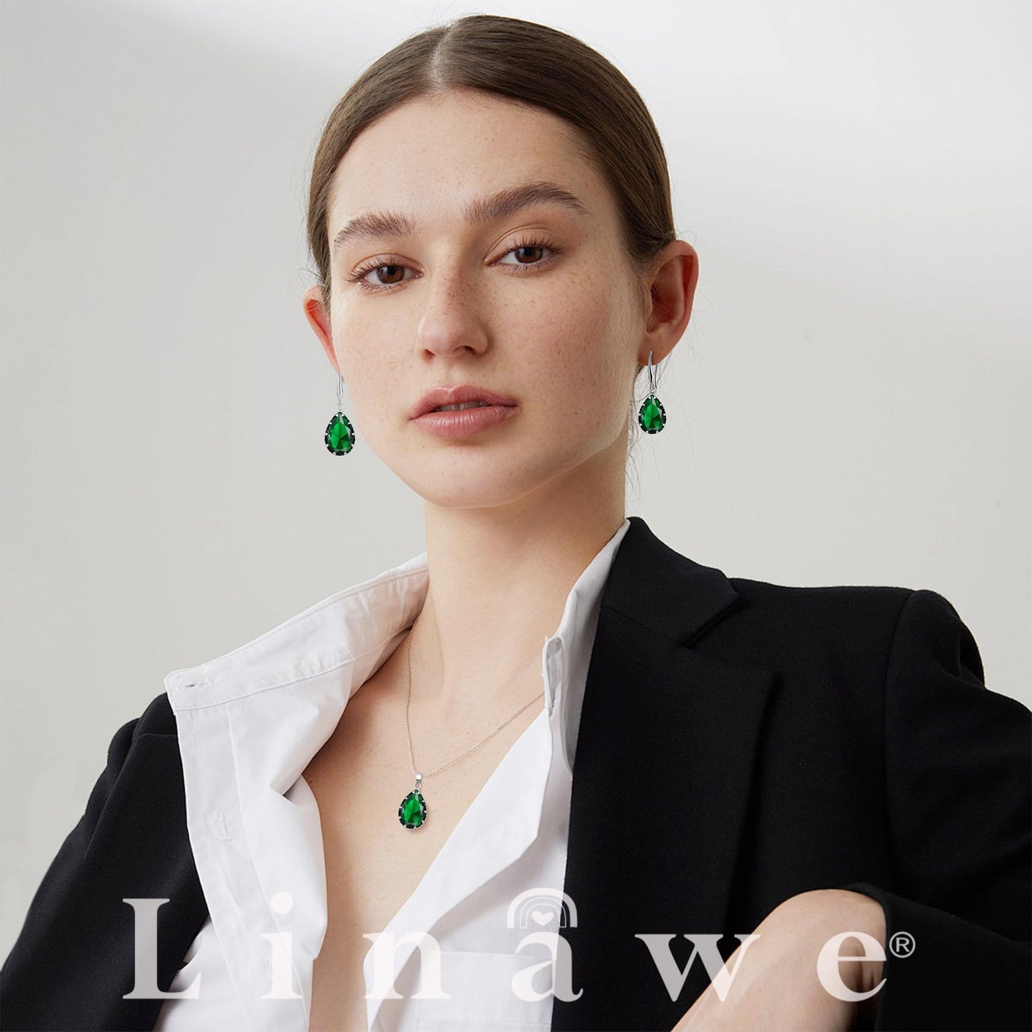 Linawe Emerald Crystal Imitation Diamond Jewelry Sets for Women, Silver Pendant Matching Necklace Set, Green Drop Dangle Earrings Set, Boho Rhinestone Teardrop Jewelry Wedding Bridal Bridesmaid