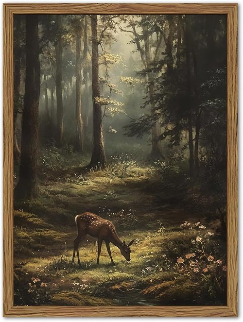 Framed Vintage Forest Deer Canvas Wall Art - Rustic Nature Landscape Decor | 8x10 Inch Woodland Animal Print