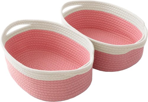 JMvicyroam Woven Basket - Small Rope Storage Bin with Handles & Ribbon | 2-Pack White & Pink Gift Organizer for Shelves and Closets