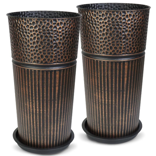 2 Pcs Pack 25 Inches Metal Tall Tapered Planter Pots Large Galvanized Steel Round Planter Flower Pot with Drainage Holes for Indoor Outdoor Deck Porch Garden Home Patio Front Door (antique copper, M)